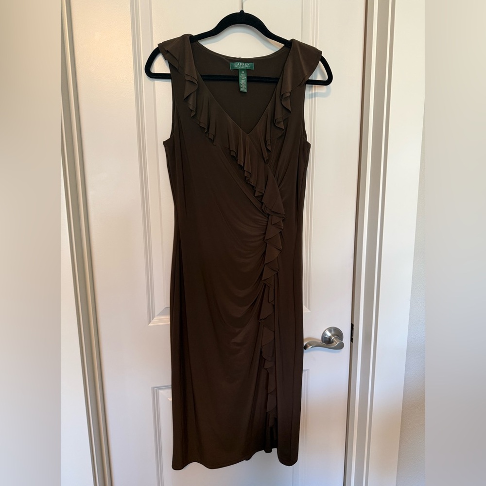 Ralph Lauren Chocolate Brown Ruffle Midi Dress